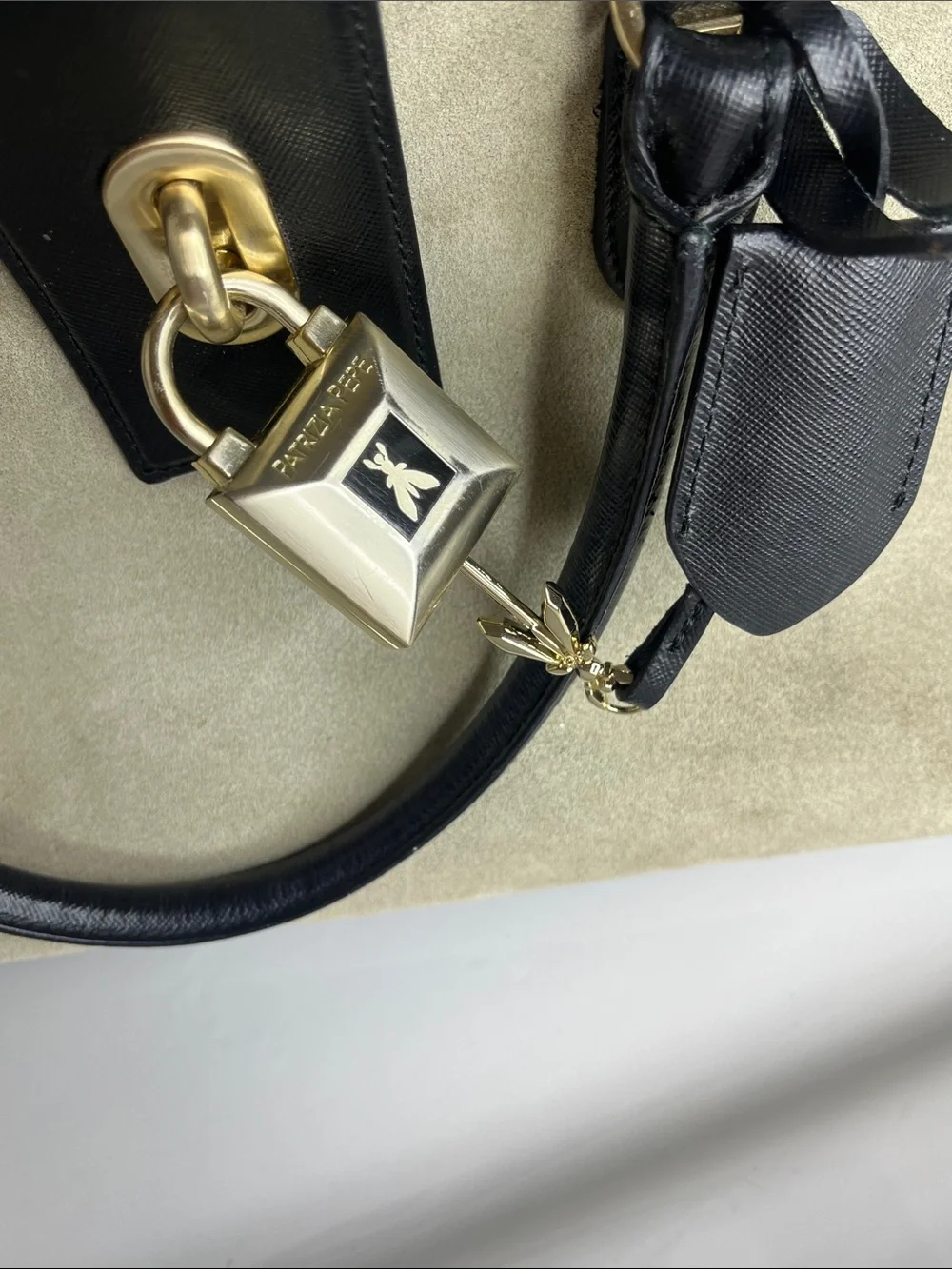 Patrizia Pepe Beige Suede and Black Leather Satchel with Gold Lock